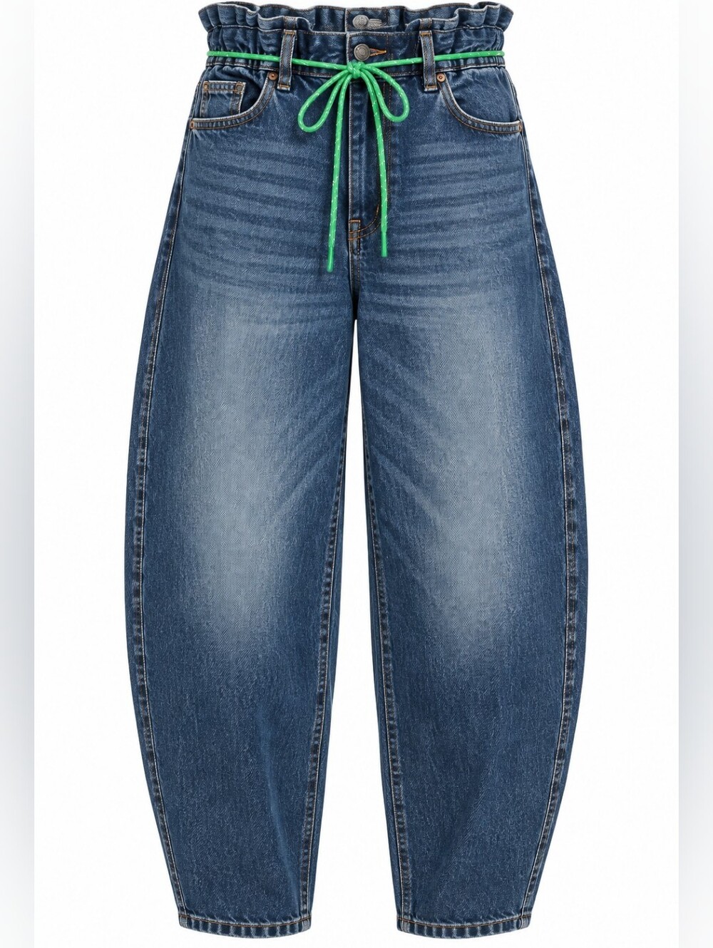 KBB by Kahlana Barrel Leg Jeans 8 Dark Wash Paperbag Waist Green Tie NWT Artsy